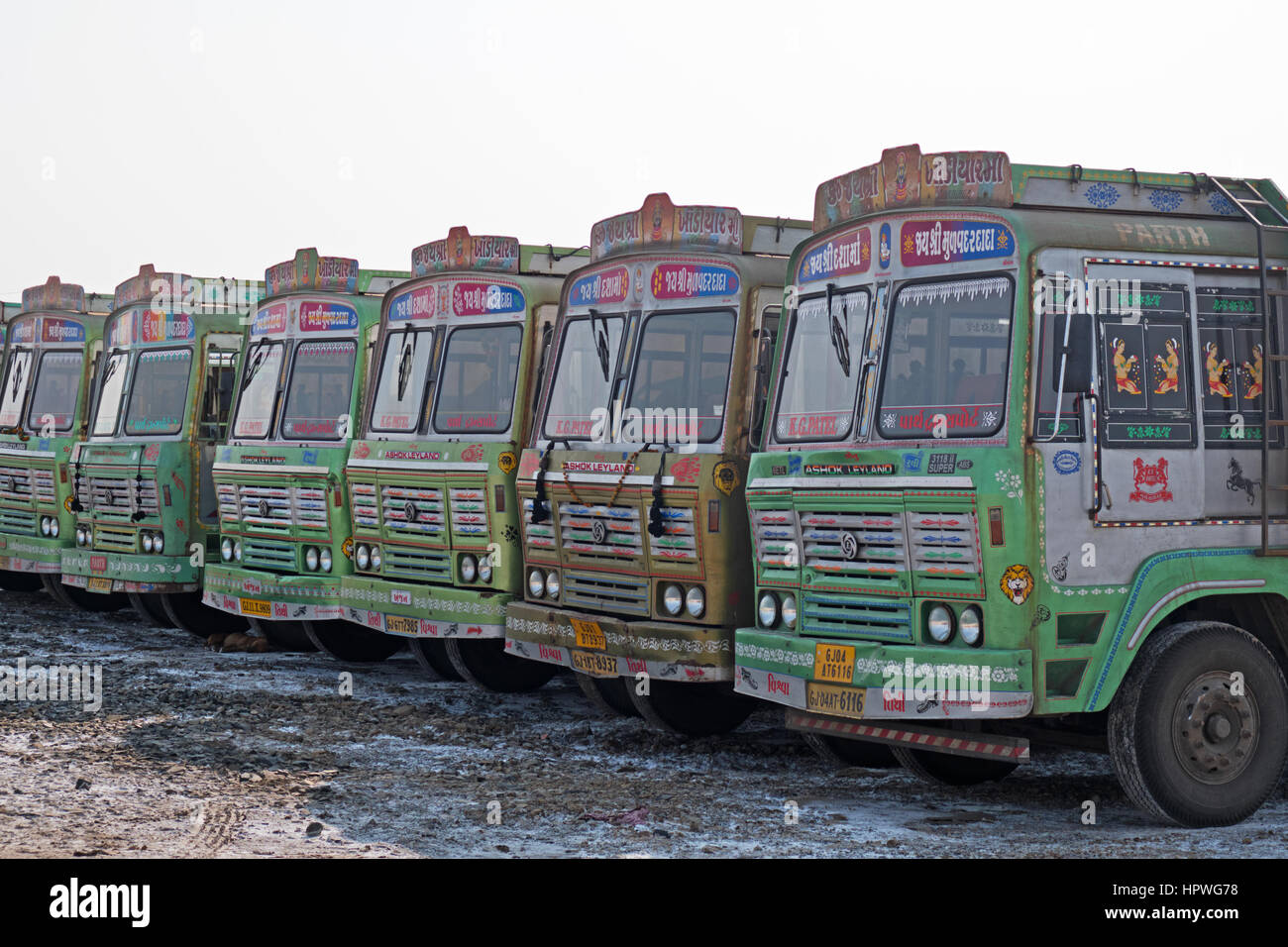 Fleet of trucks parked at a salt works in Gujarat state. India has the world's second largest road network and a vast number of trucks on its highways Stock Photo