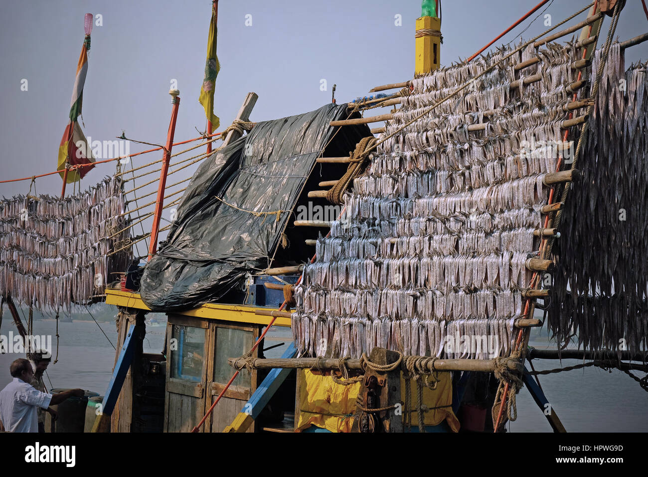 Gujarati fishermen in port with their catch being dried in the sun on racks before sale at the