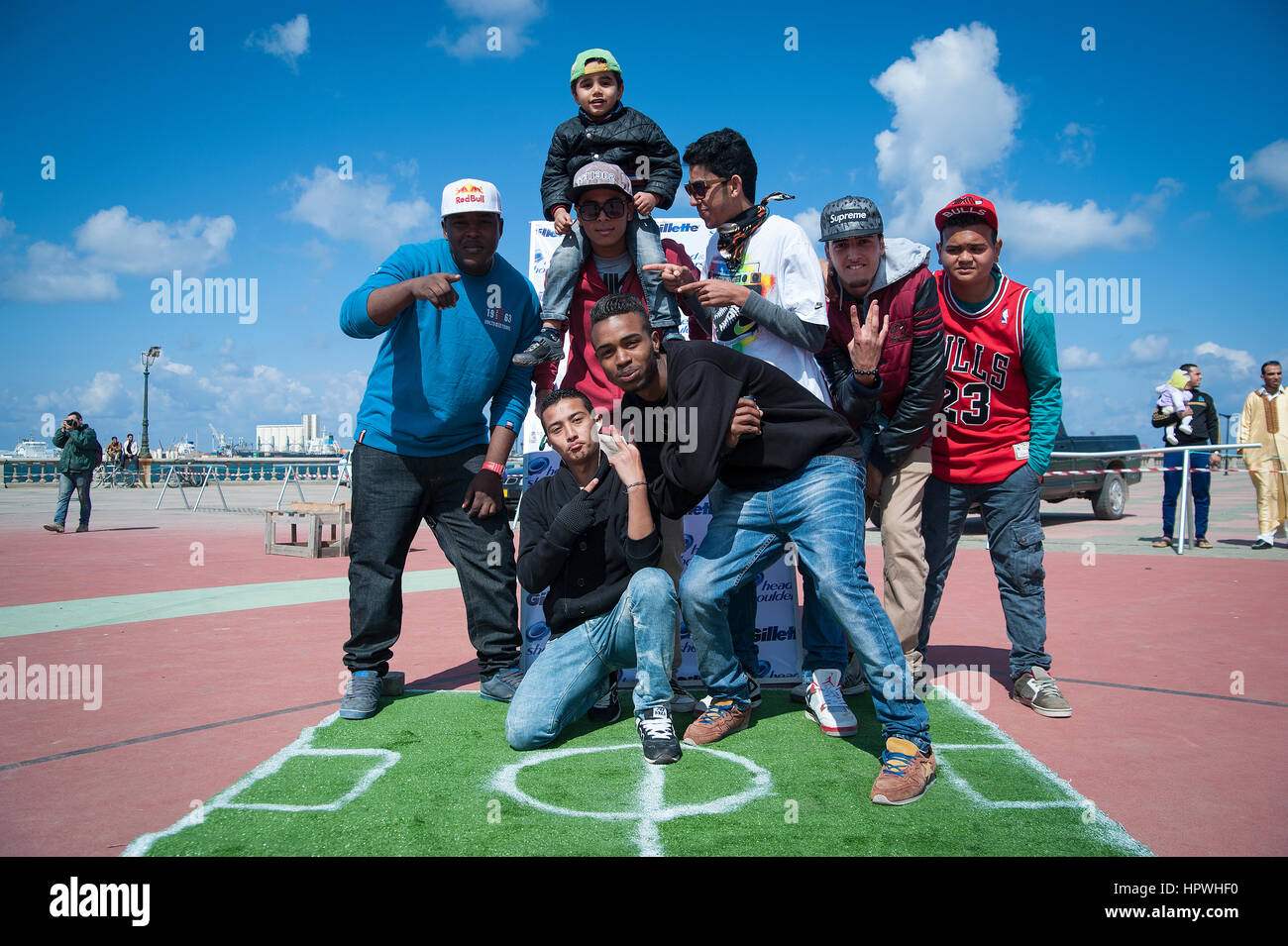 Libya, Tripoli: Young guys breakdance at an open air dance and parkour festival. Stock Photo