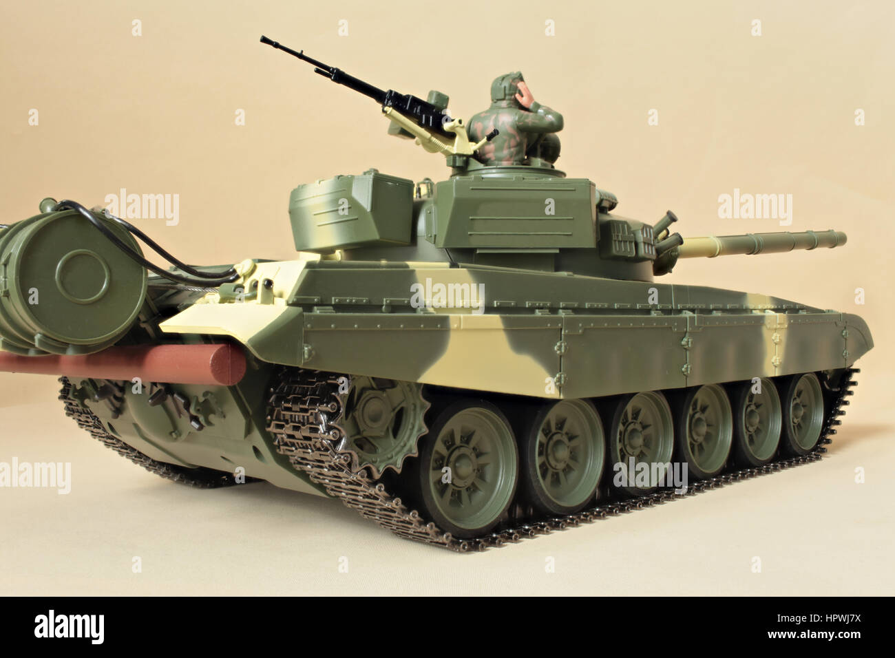 figure commander at Soviet tank T-72 model side rear view, War military attack conflict Stock Photo