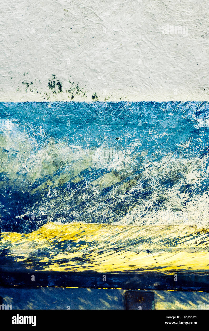 Abstract composition of horizontal stripes in grey, blue and yellow, from the hull of a fibreglass fishing boat Stock Photo