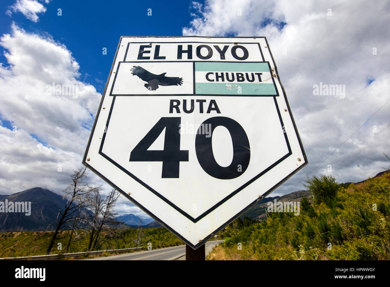 Ruta 40 El Hoyo road sign. Chubut, Patagonia, Argentina. Stock Photo