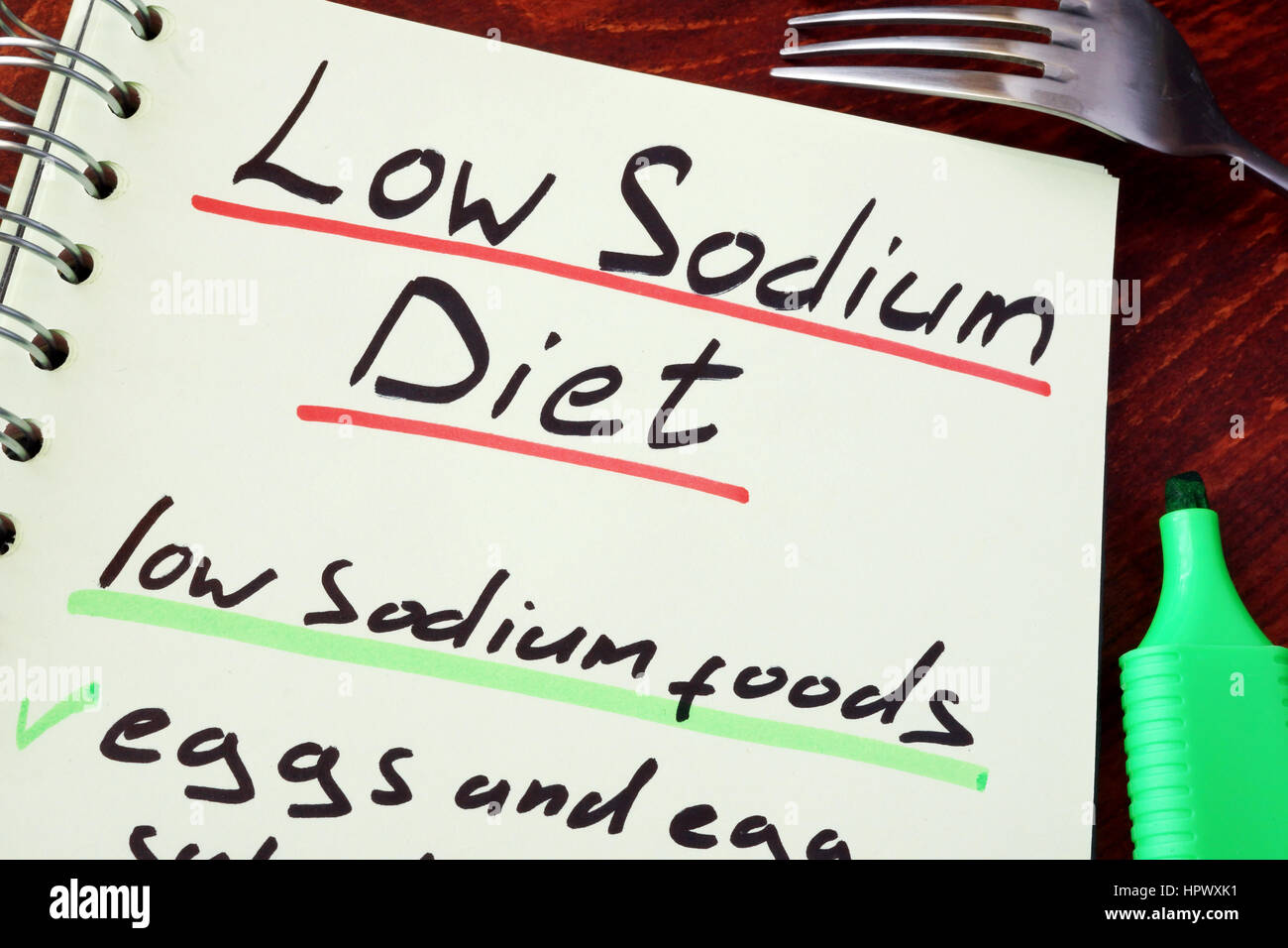 Page of a note with title Low sodium diet. Stock Photo