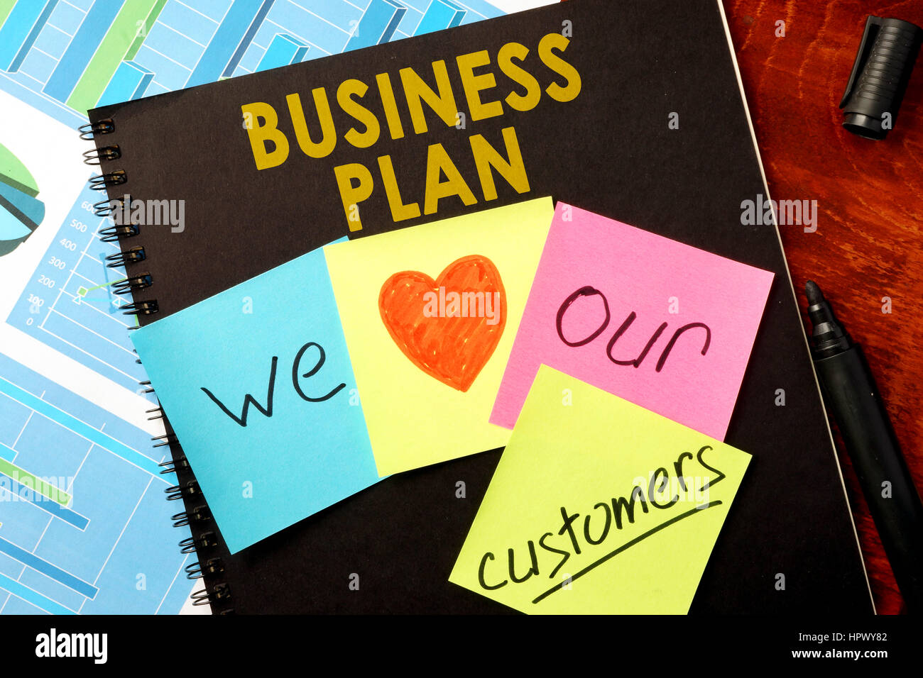 Stickers with words we love our customers. Client retention concept. Stock Photo
