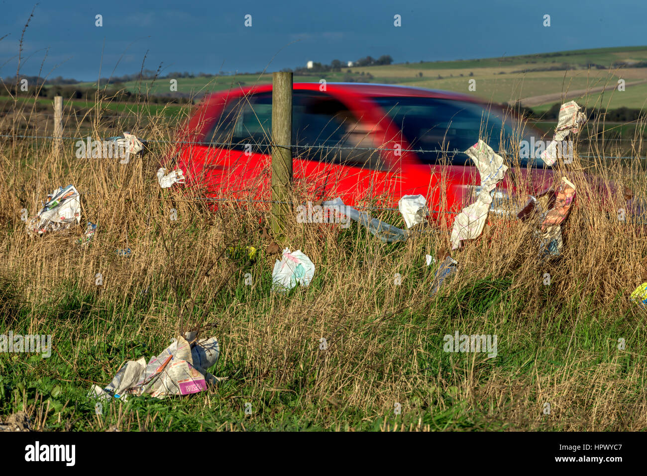 Litter on the side of a country road close to the South Downs National ...