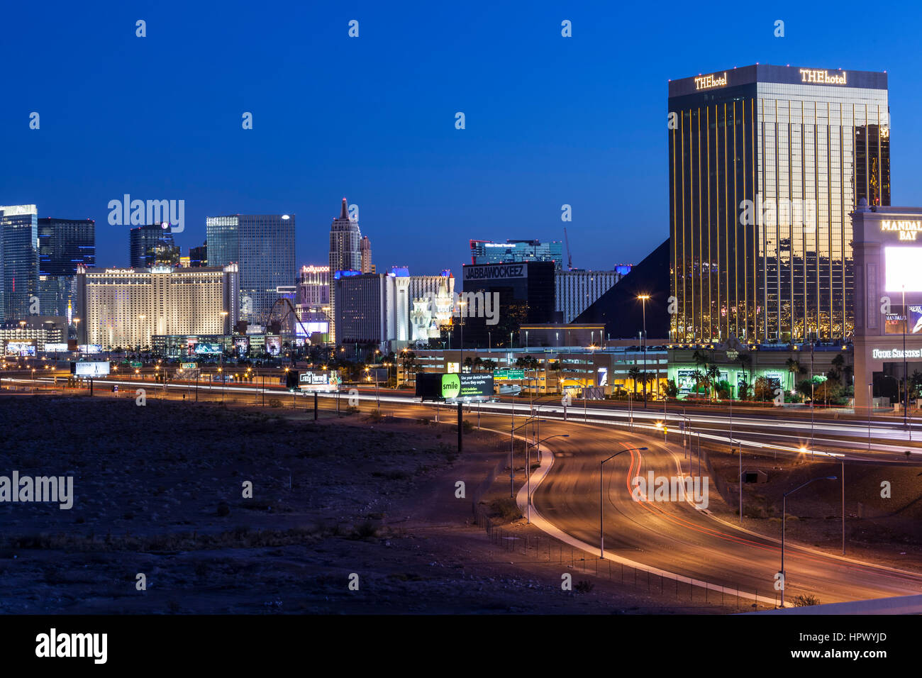 Las Vegas, Nevada, USA - Nov 30, 2013:  Predawn view of the Las Vegas Strip and Interstate 15 Freeway. Stock Photo