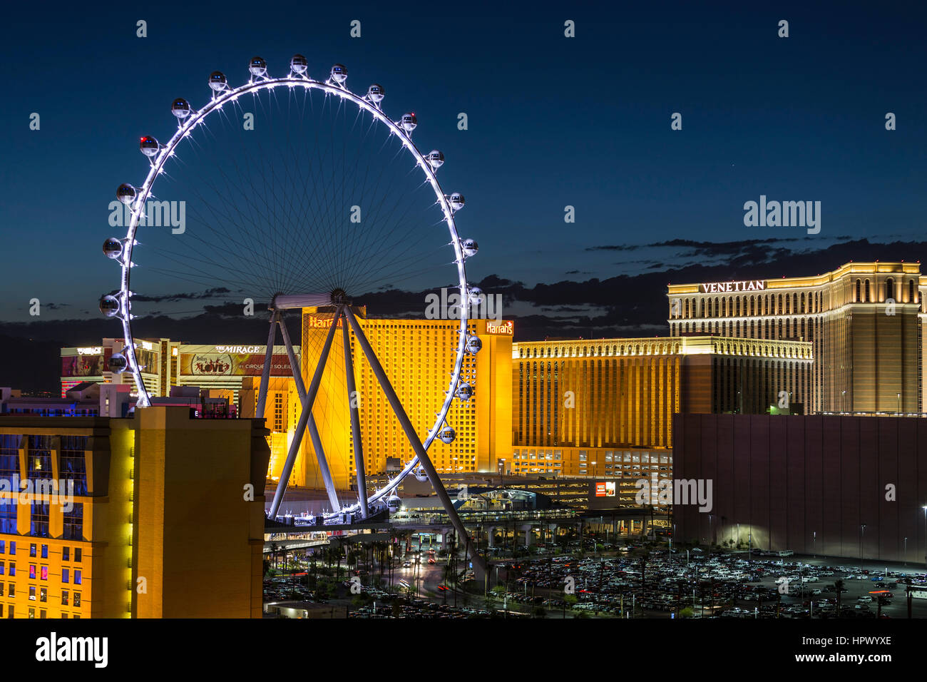 Las Vegas, Nevada, USA - June 10, 2015:  Casino hotel resorts and High Roller Ferris Wheel on the Las Vegas strip. Stock Photo
