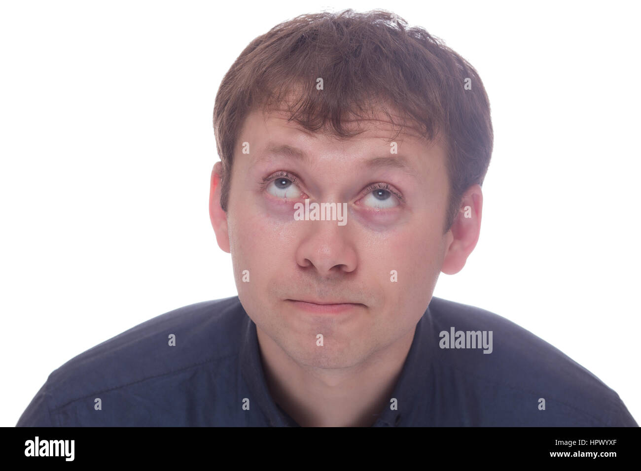 Man with tired face isolated on white background Stock Photo