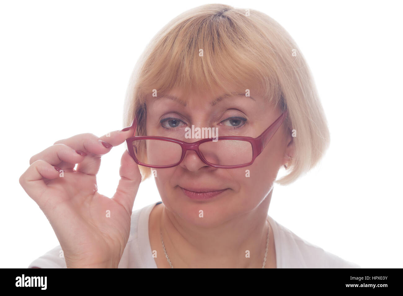Caucasian woman take off her glasses isolated Stock Photo