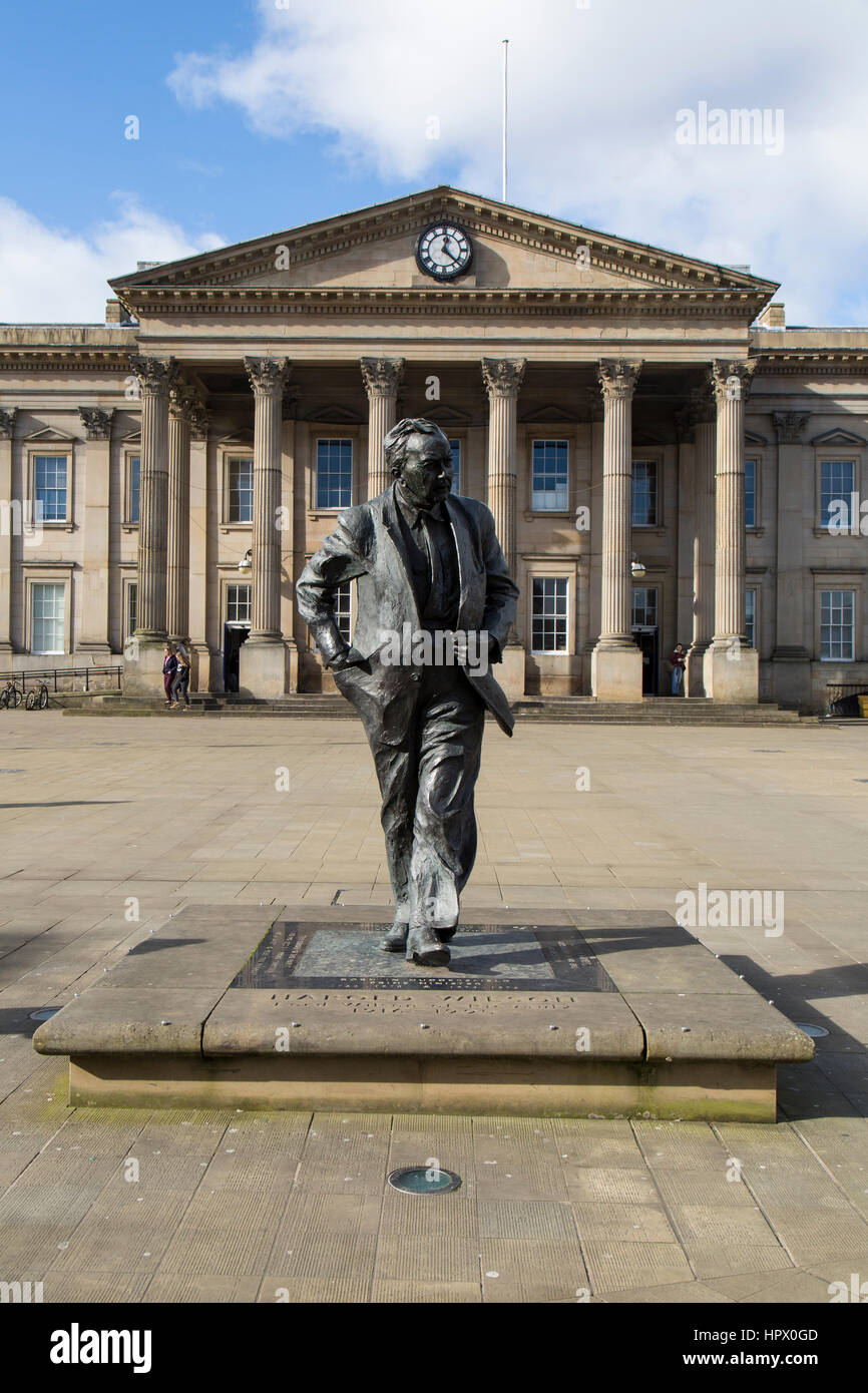 Statue of former British Prime Minister Harold Wilson, outside Huddersfield Railway Station in England. Stock Photo