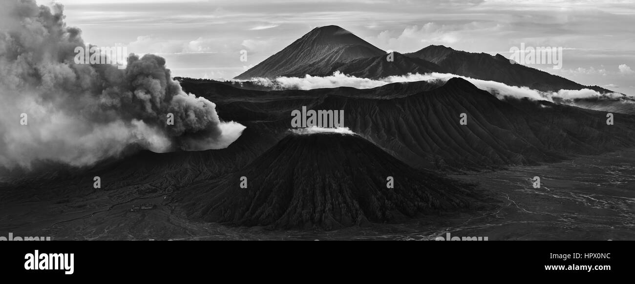 Smoky Mt Bromo at Sunrise in Black and White Stock Photo