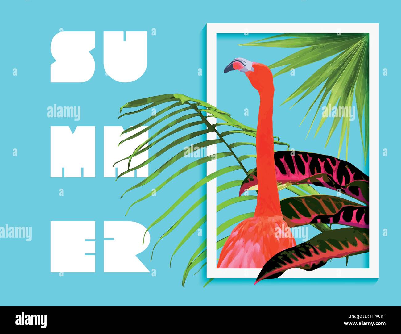 Tropical summer art with jungle nature decoration and flamingo bird inside frame. Palm tree leaves background, exotic plants in modern graphic fashion Stock Vector