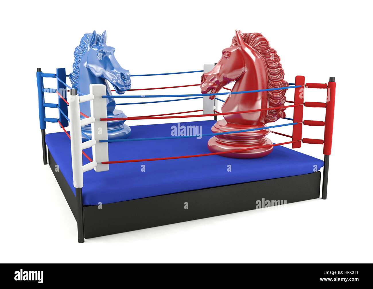 Red and blue chess knight confronting in boxing ring, strategic competition concept Stock Photo