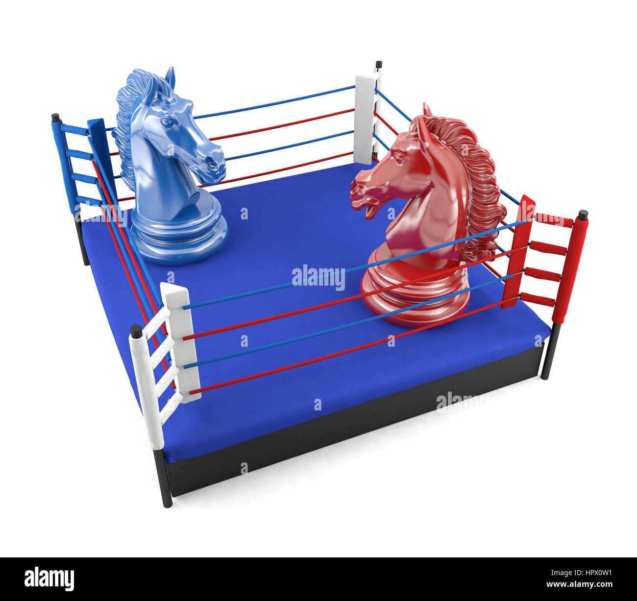 Red and blue chess knight confronting in boxing ring, strategic competition concept Stock Photo