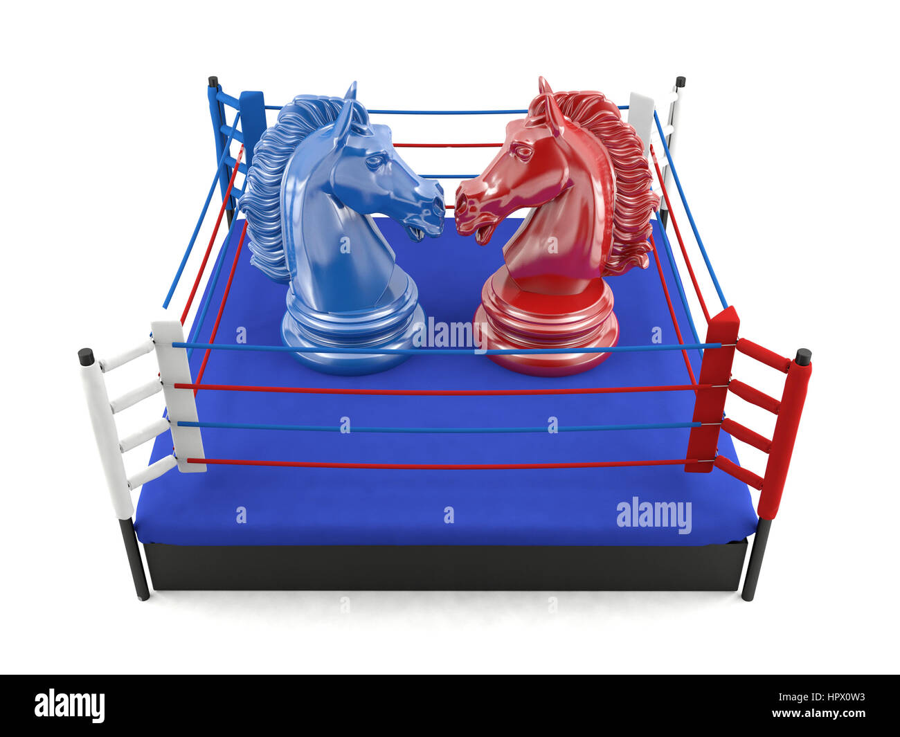 Red and blue chess knight confronting in boxing ring, strategic competition concept Stock Photo