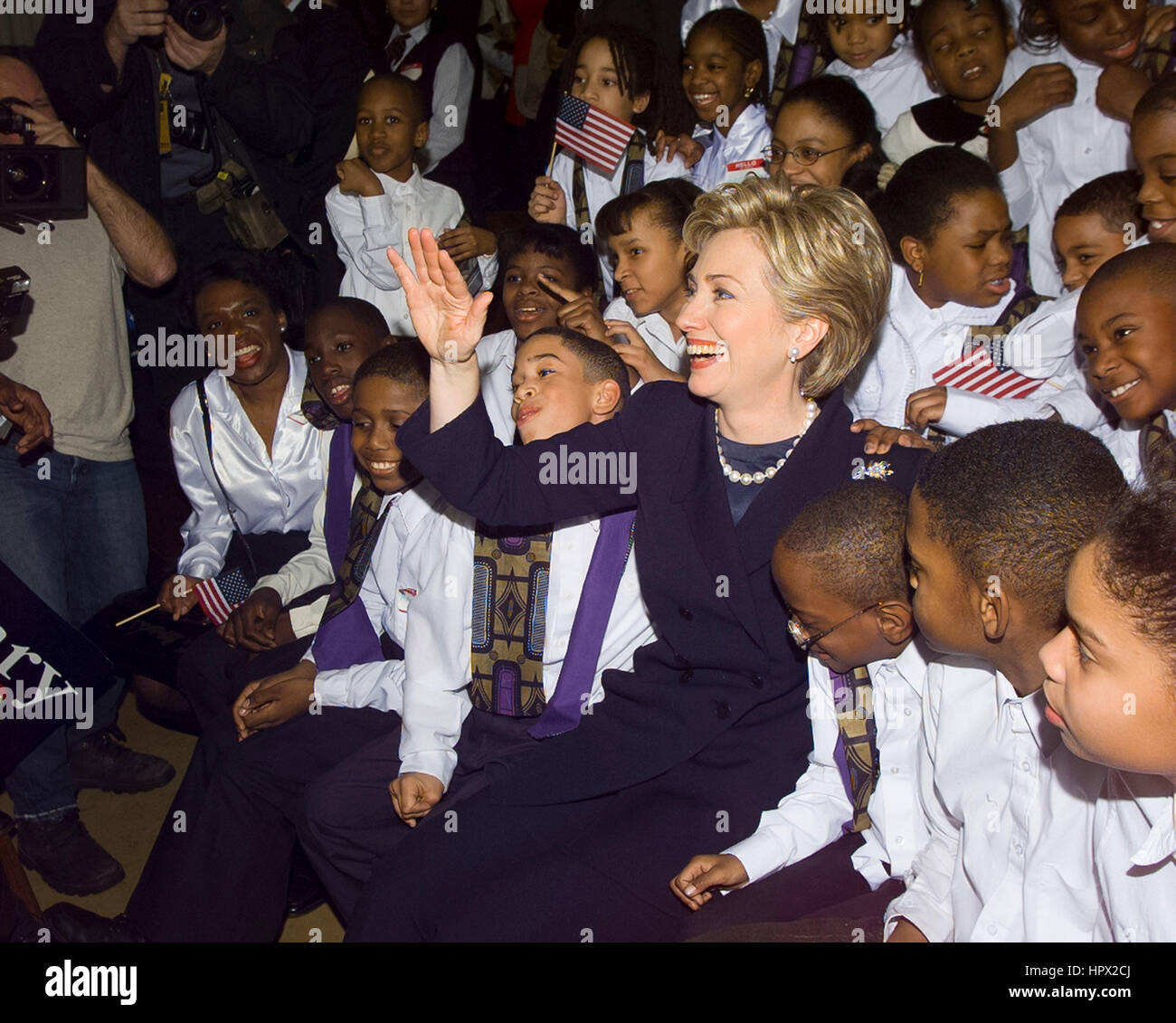 First Lady Hillary Clinton talks to students of Hanifah Children's Choir of Brooklyn before officially announcing her candidacy for the Democratic US Senate seat from New York at the State University of New York Purchase College in Purchase, New York,  February 6, 2000. Clinton is the first wife of a US president to seek elected office. Photo by Francis Specker Stock Photo