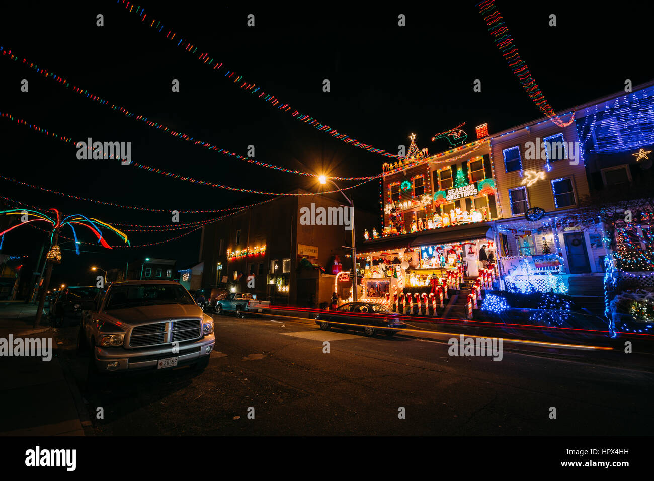 The Miracle on 34th Street Christmas lights at night, in Hampden