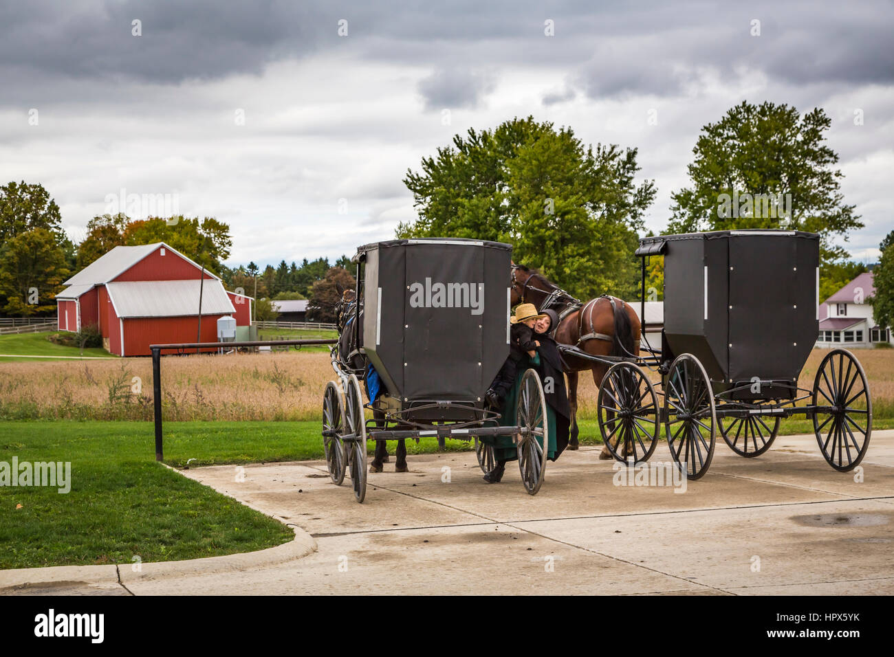 A hitching post for Amish horse and buggies at Orville, Ohio, USA. Stock Photo
