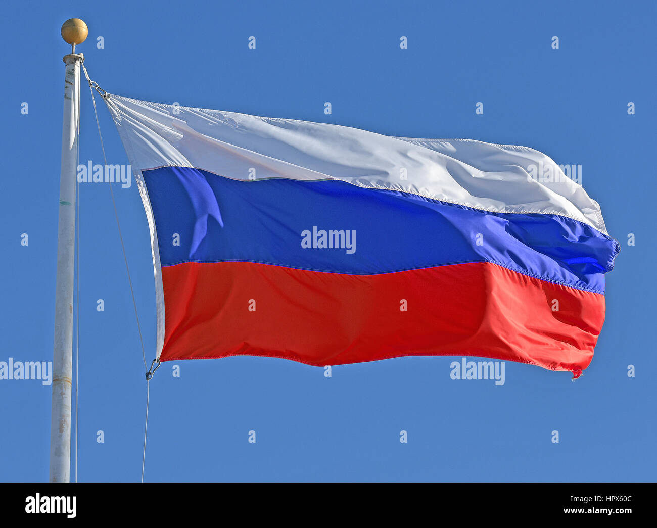 Russian Flag flying in a brisk breeze. Stock Photo