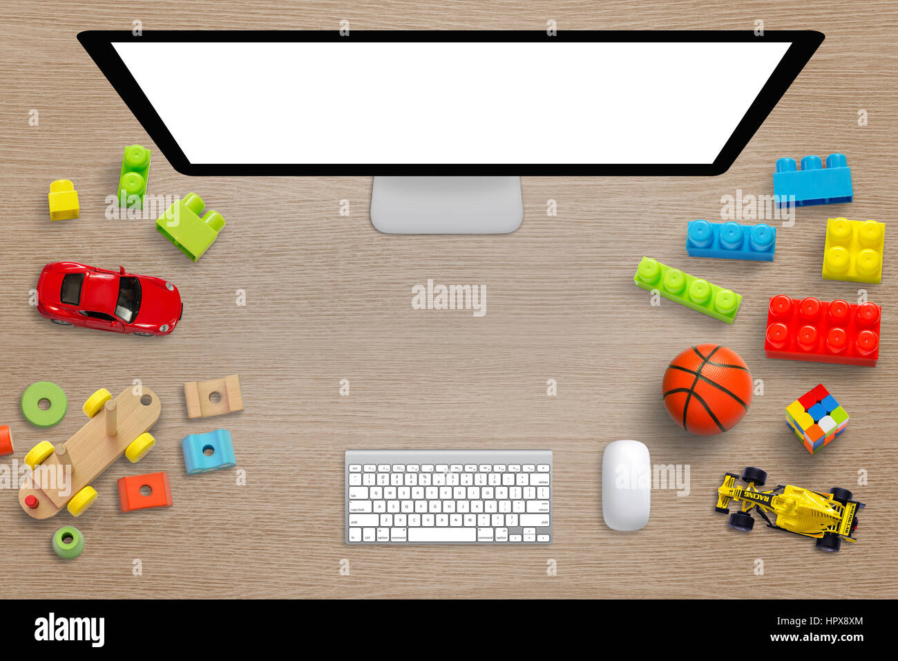Computer display with isolated white screen for mockup. Kid desk with