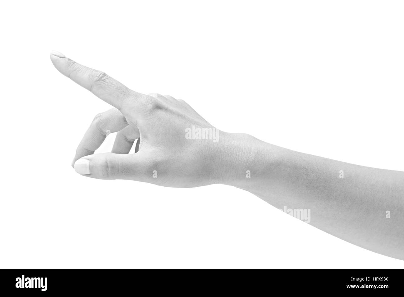 black and white closeup shot of a female's hand pushing pressing a virtual button, isolated on white background. Stock Photo