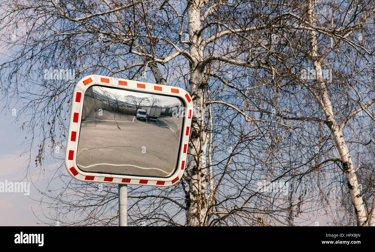 Traffic mirrors , reflection road and cars Stock Photo