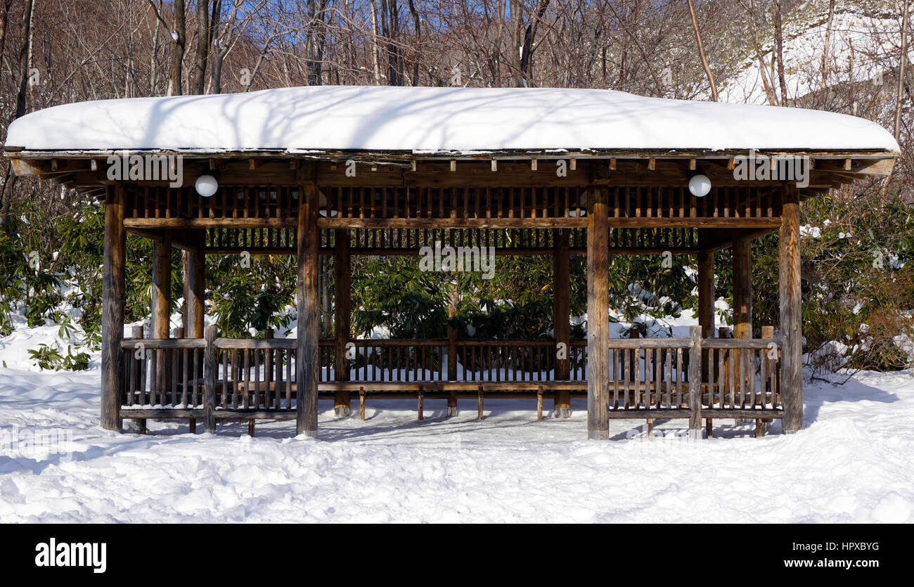 Snow and wooden pavilion elevation in the forest Noboribetsu onsen snow winter national park in Jigokudani, Hokkaido, Japan Stock Photo