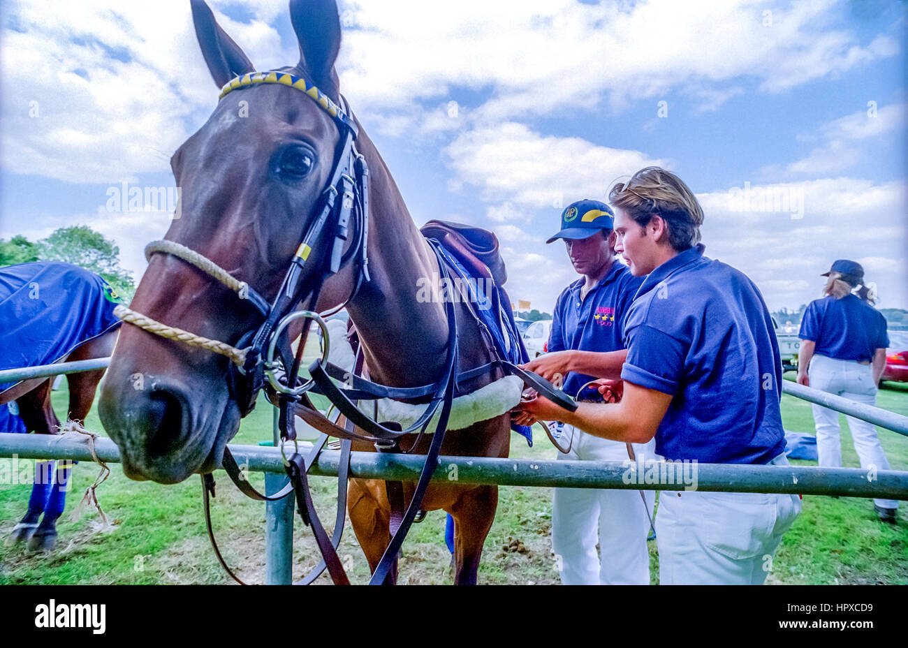 A Kerry Packer-sponsored polo tournament at Cowdray Park, Easebourne, near Midhurst in West Sussex:   Groomsmen caring for the horses. Stock Photo