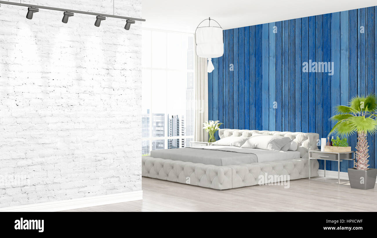 Beautiful modern bedroom interior with empty wall. 3D rendering Stock ...