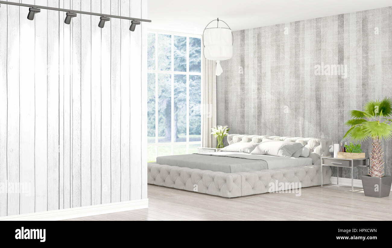 Beautiful modern bedroom interior with empty wall. 3D rendering Stock ...