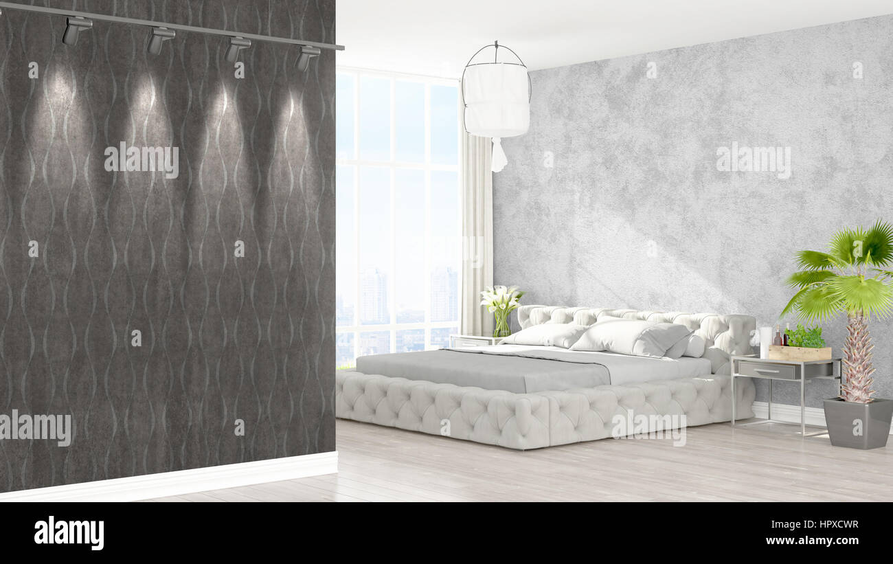 Beautiful modern bedroom interior with empty wall. 3D rendering Stock ...