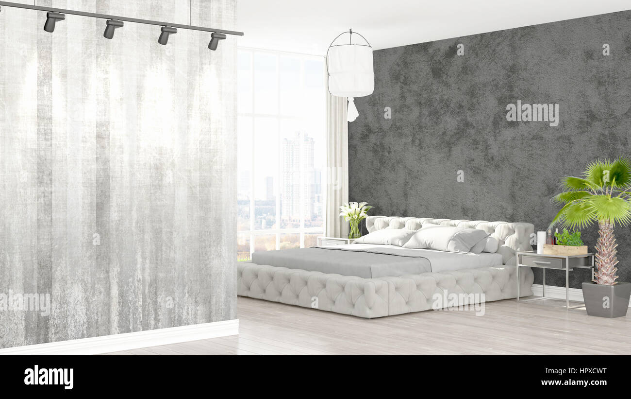 Beautiful modern bedroom interior with empty wall. 3D rendering Stock ...