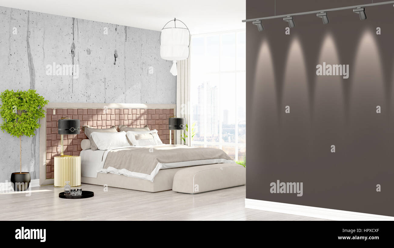 Beautiful modern bedroom interior with empty wall. 3D rendering Stock ...
