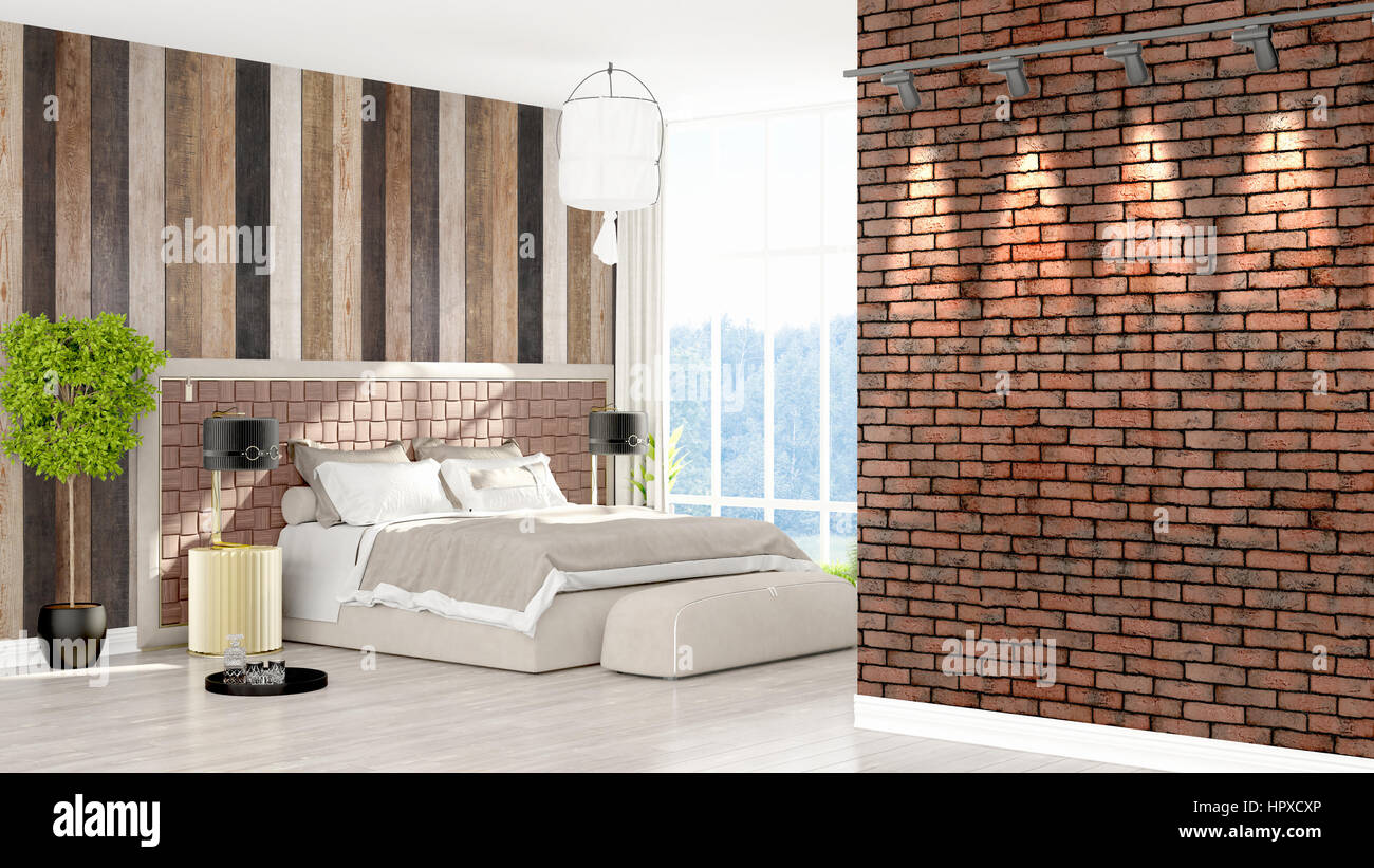 Beautiful modern bedroom interior with empty wall. 3D rendering Stock ...