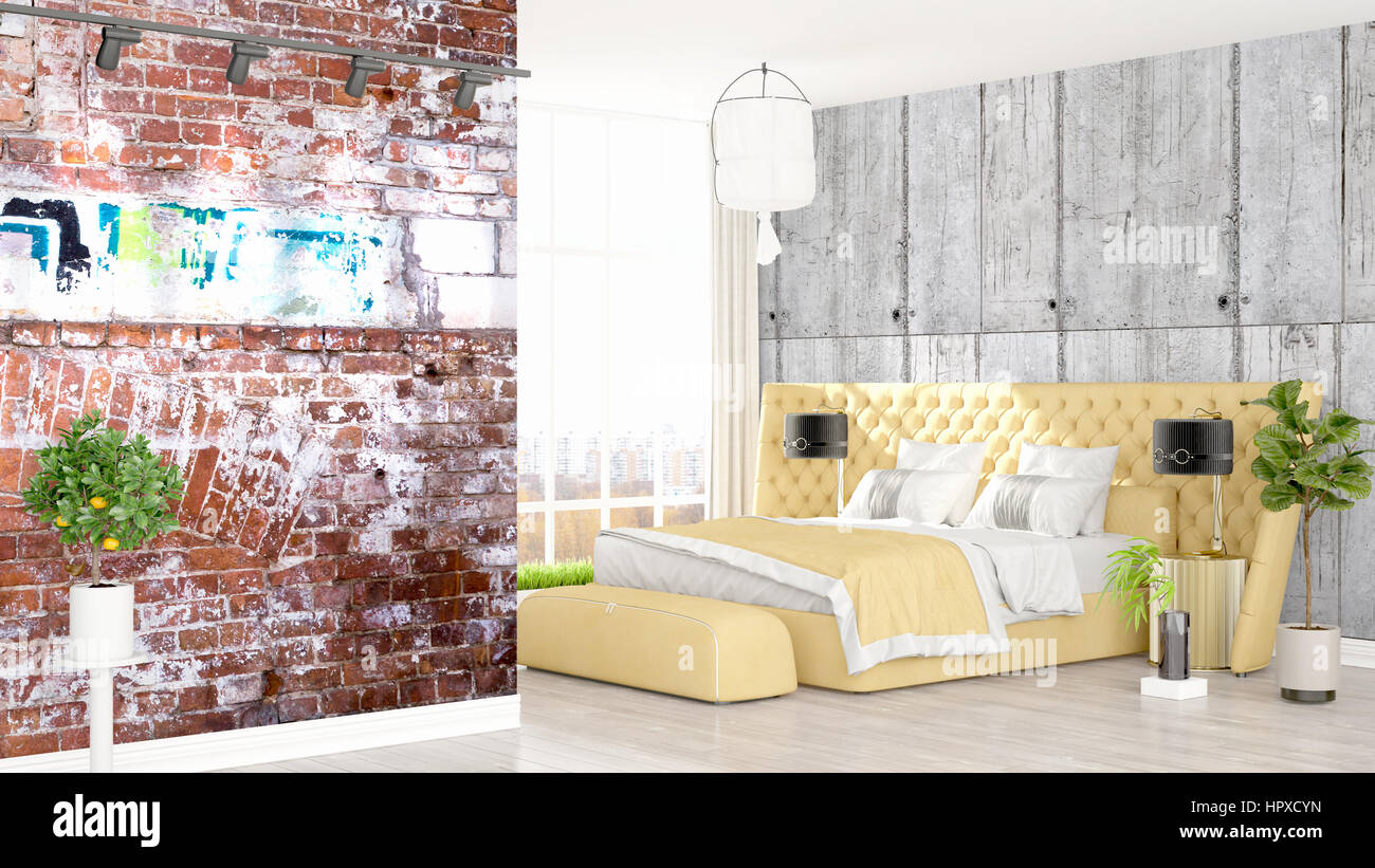 Beautiful modern bedroom interior with empty wall. 3D rendering Stock ...