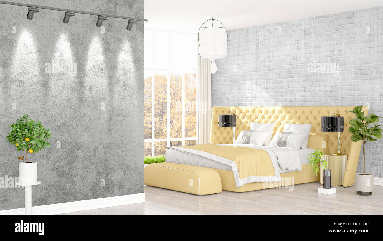 Beautiful modern bedroom interior with empty wall. 3D rendering Stock ...