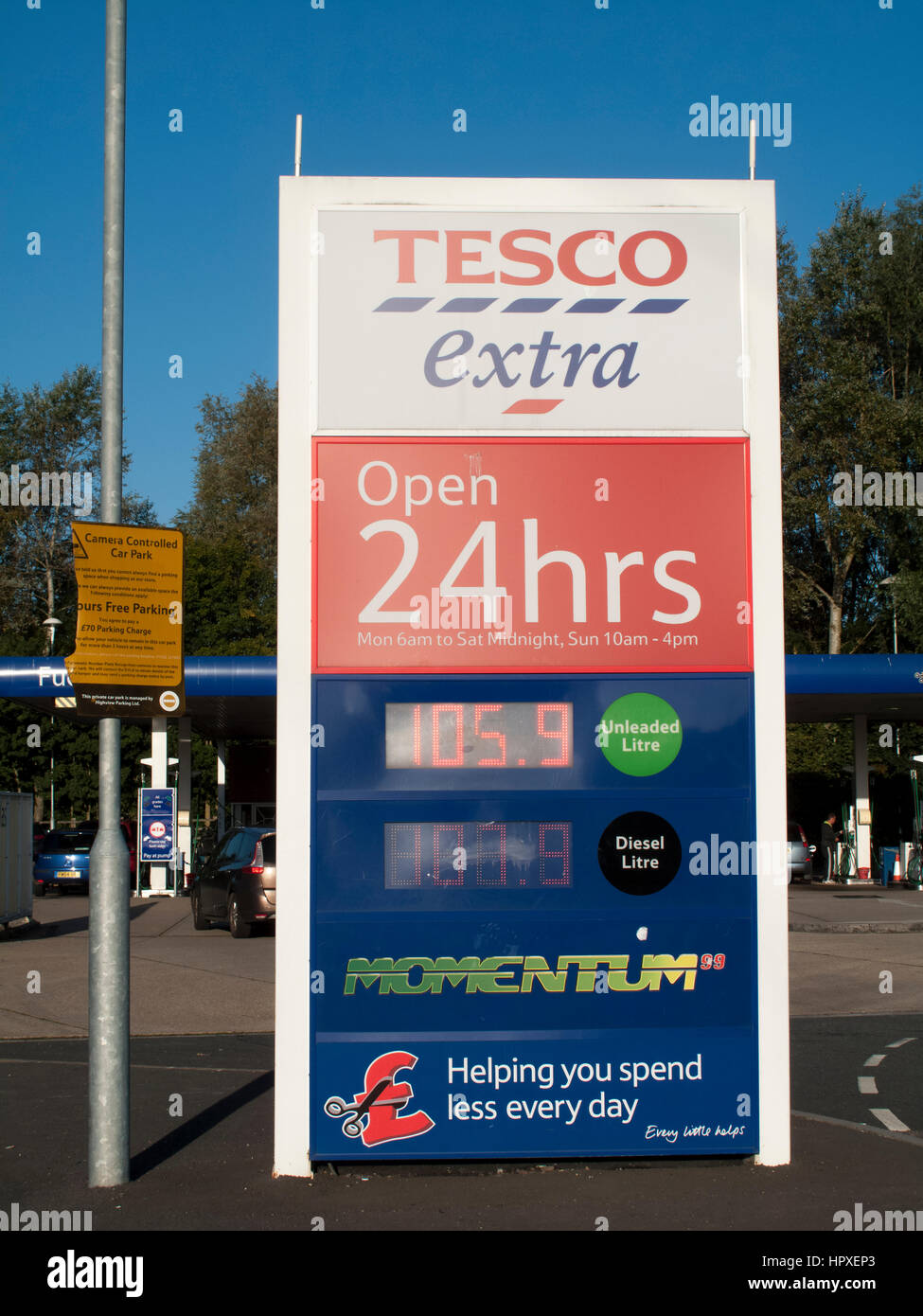 Tesco Extra Superstore, Faded petrol and diesel pump price sign Stock
