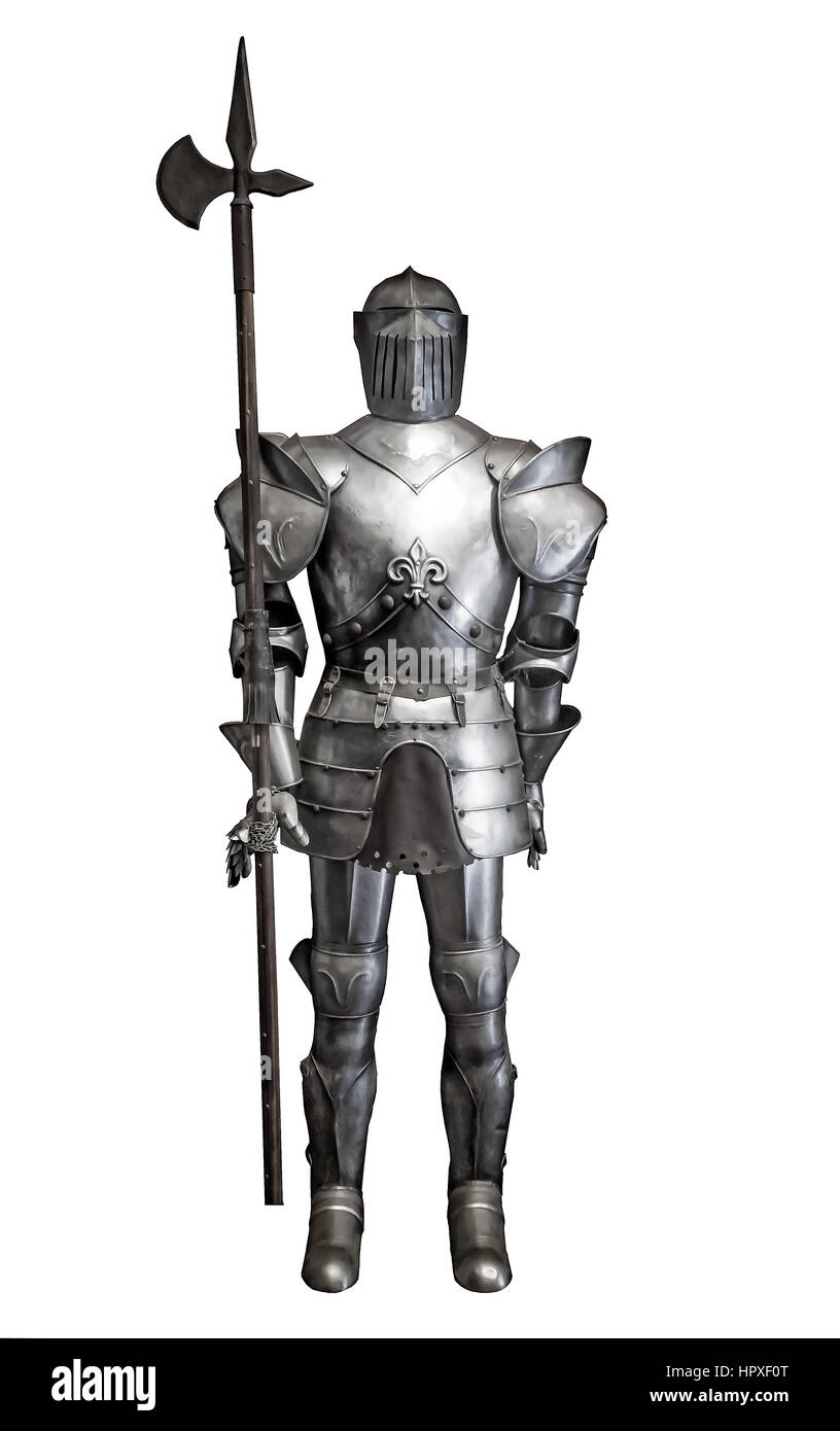 Medieval knight armour over white isolated background. full body armor suit isolated against white background Stock Photo