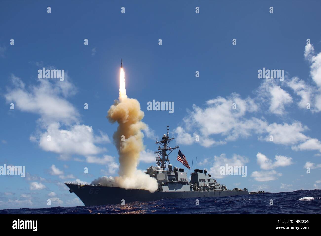 Guided-missile destroyer USS Fitzgerald (DDG 62) fires a Standard Missile-3 (SM-3) during a joint ballistic missile defense exercise, Pacific Ocean, 2012. Image courtesy US Navy. Stock Photo