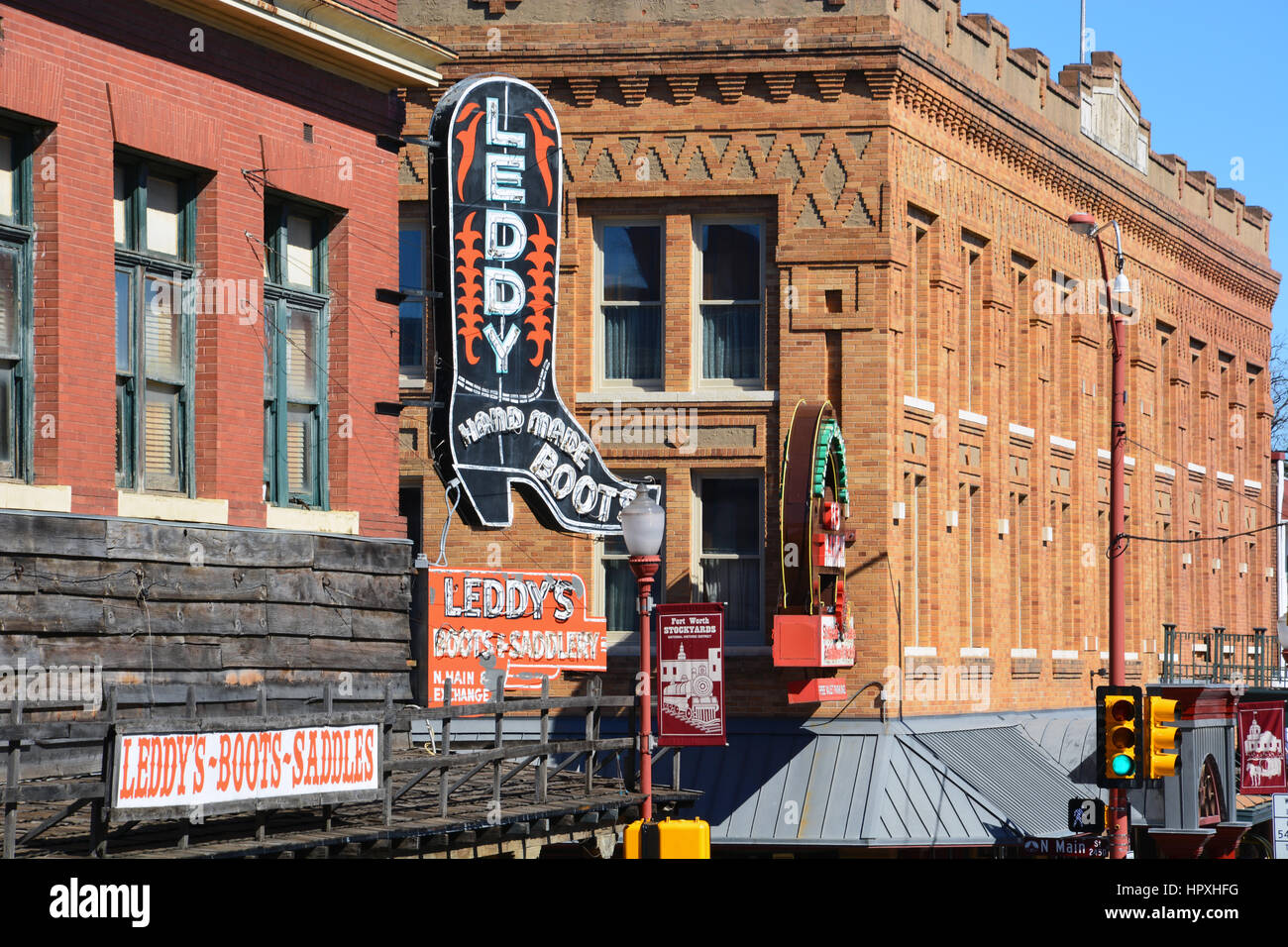 Leddy's is famous for producing handmade boots and saddles in Texas since 1922 and has kept a store in the Fort Worth Stockyard District since 1941. Stock Photo