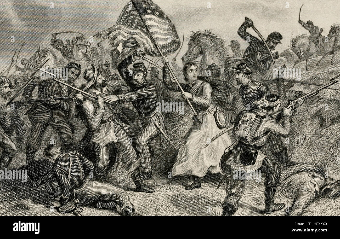 A Woman in Battle - 'Michigan Bridget' carrying the Flag - USA Civil War Stock Photo