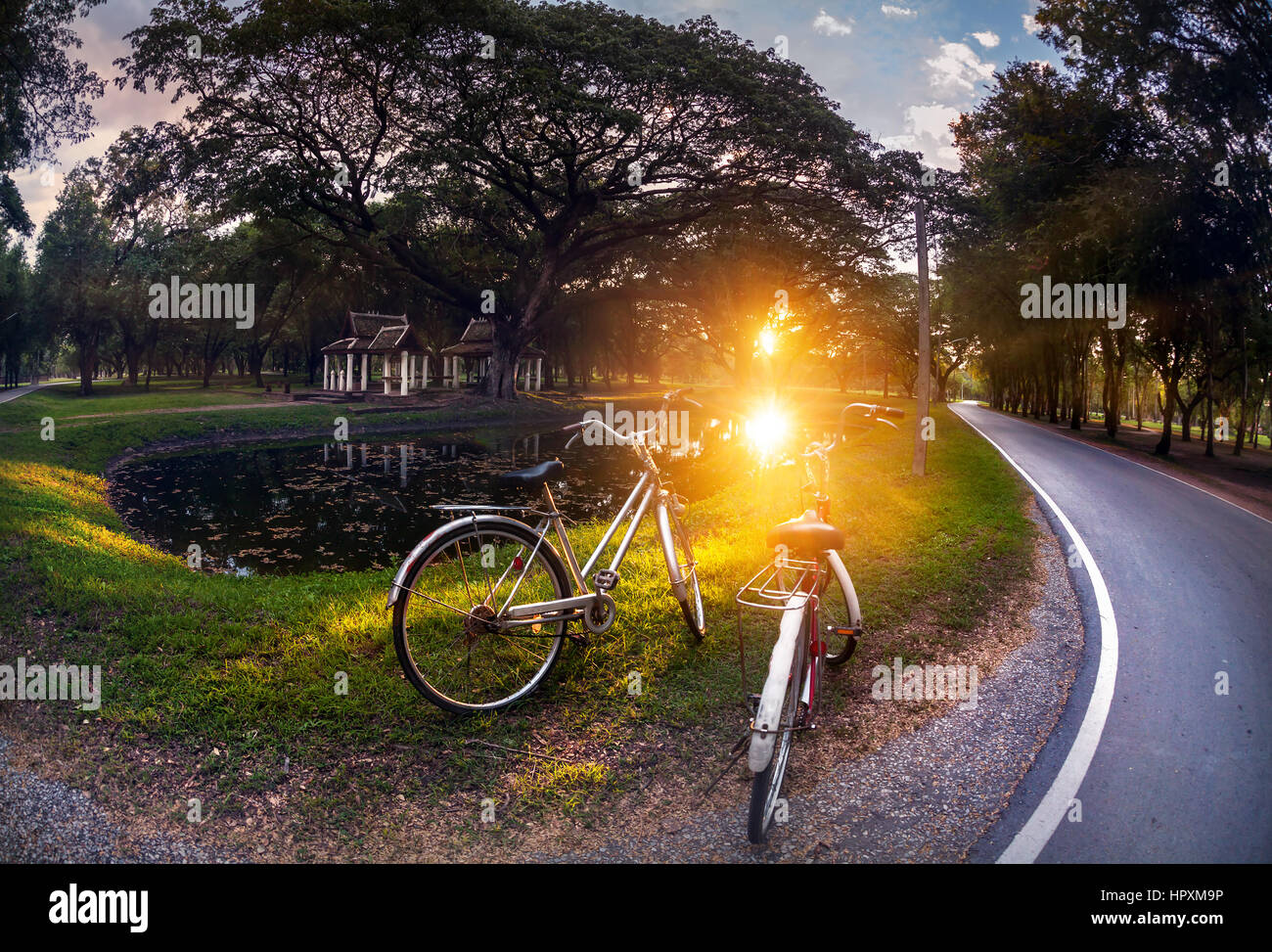 Two vintage bicycle near pond in the Sukhothai historical park at beautiful sunset in Thailand Stock Photo