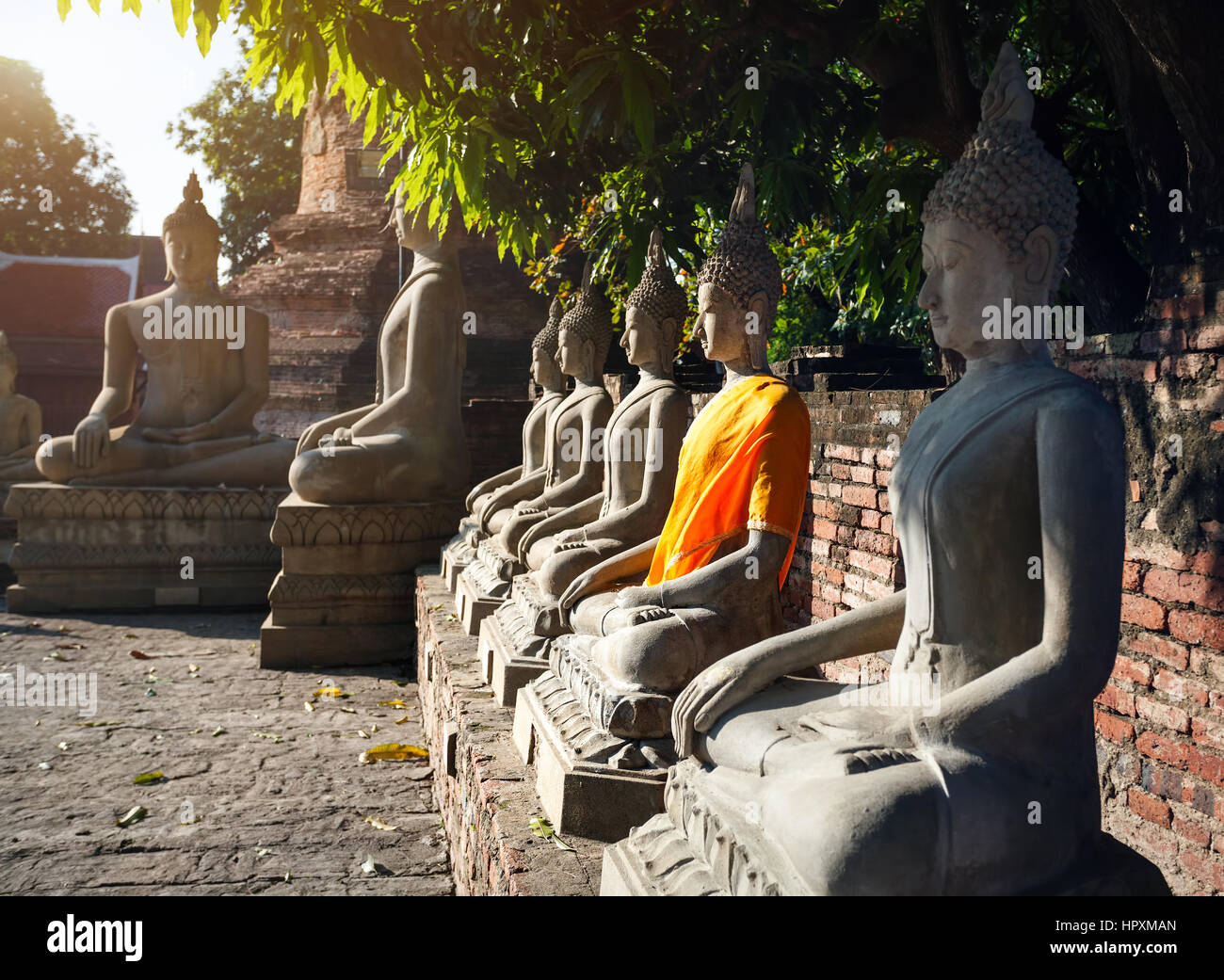 Buddha statues in Wat Yai Chai Mongkol monastery in Ayuttaya, Thailand Stock Photo