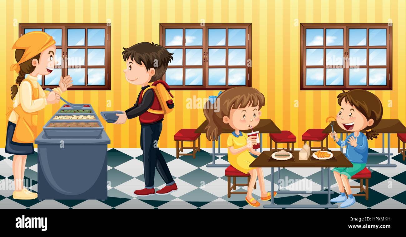 Scene with people eating in canteen illustration Stock Vector Image