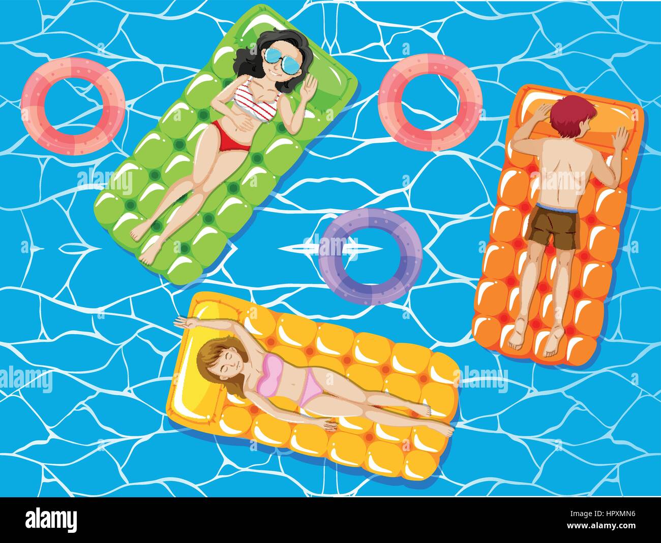 Pool Float Mat Cartoon People relaxing on floating mat in the pool illustration Stock Vector ...