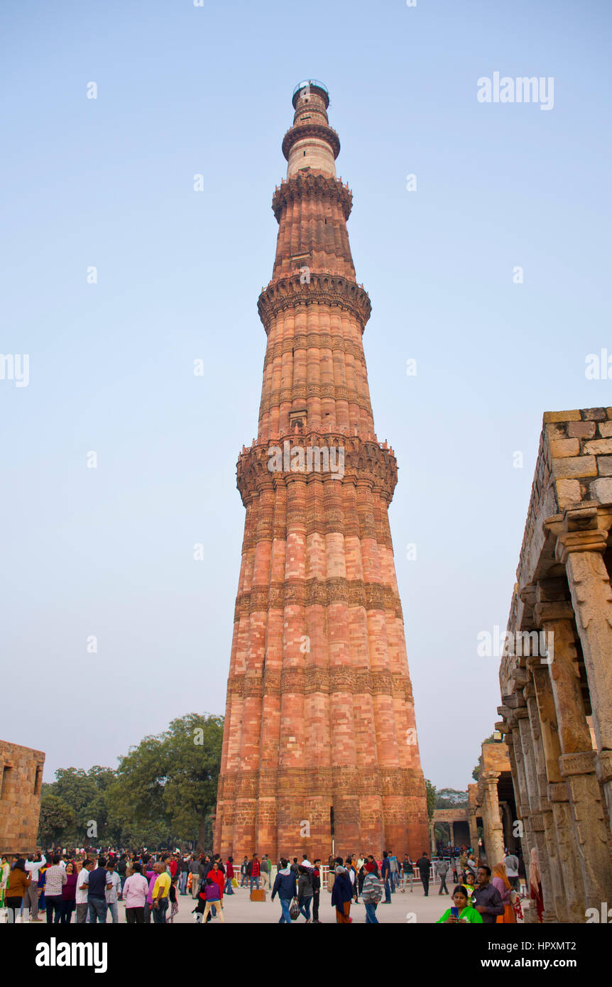 Qutub Minar tallest brick minaret in world with steps leading to top. Stock Photo