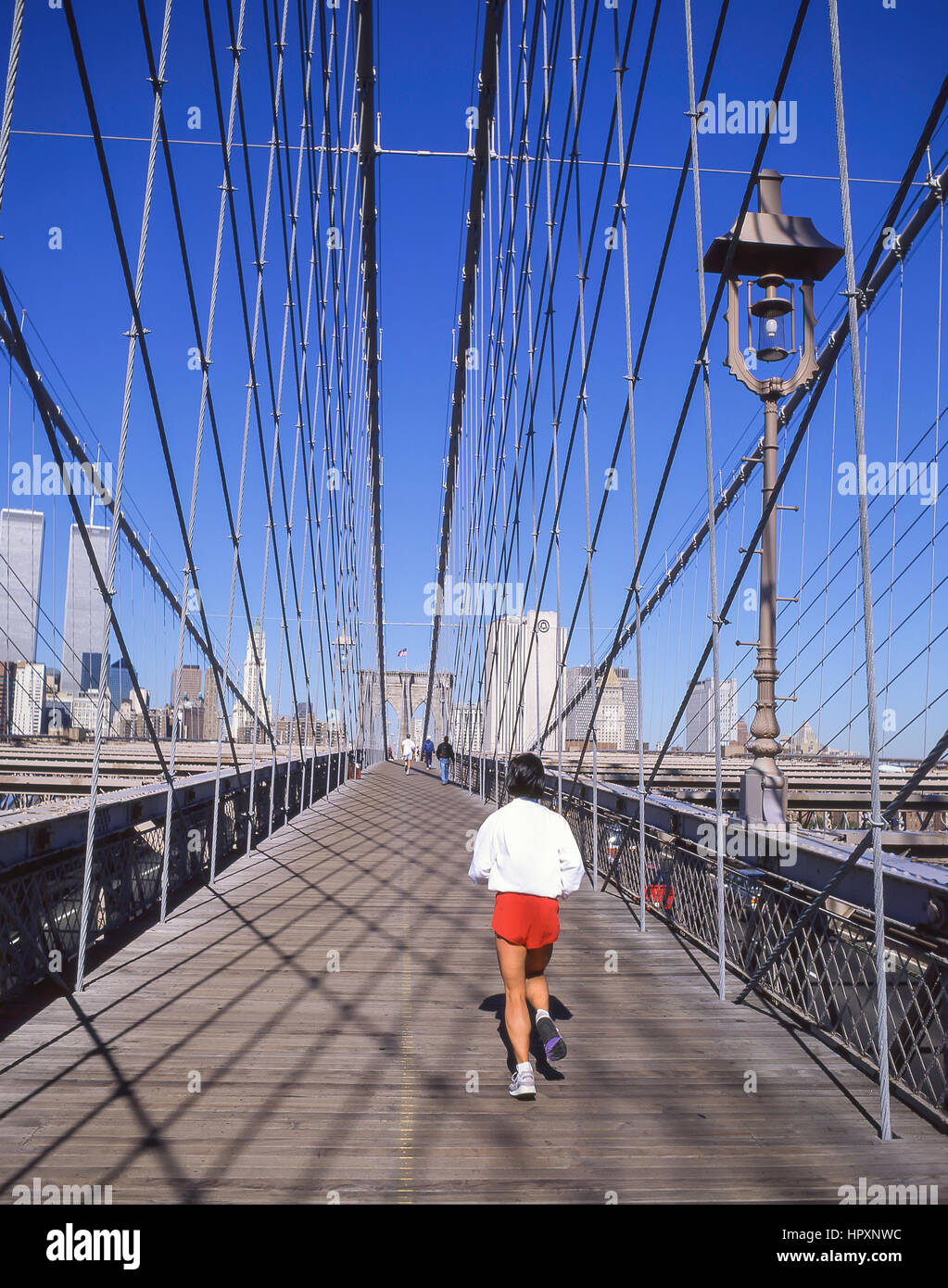 Pedestrian walkway over Brooklyn Bridge, Manhattan, New York, New York State, United States of America Stock Photo