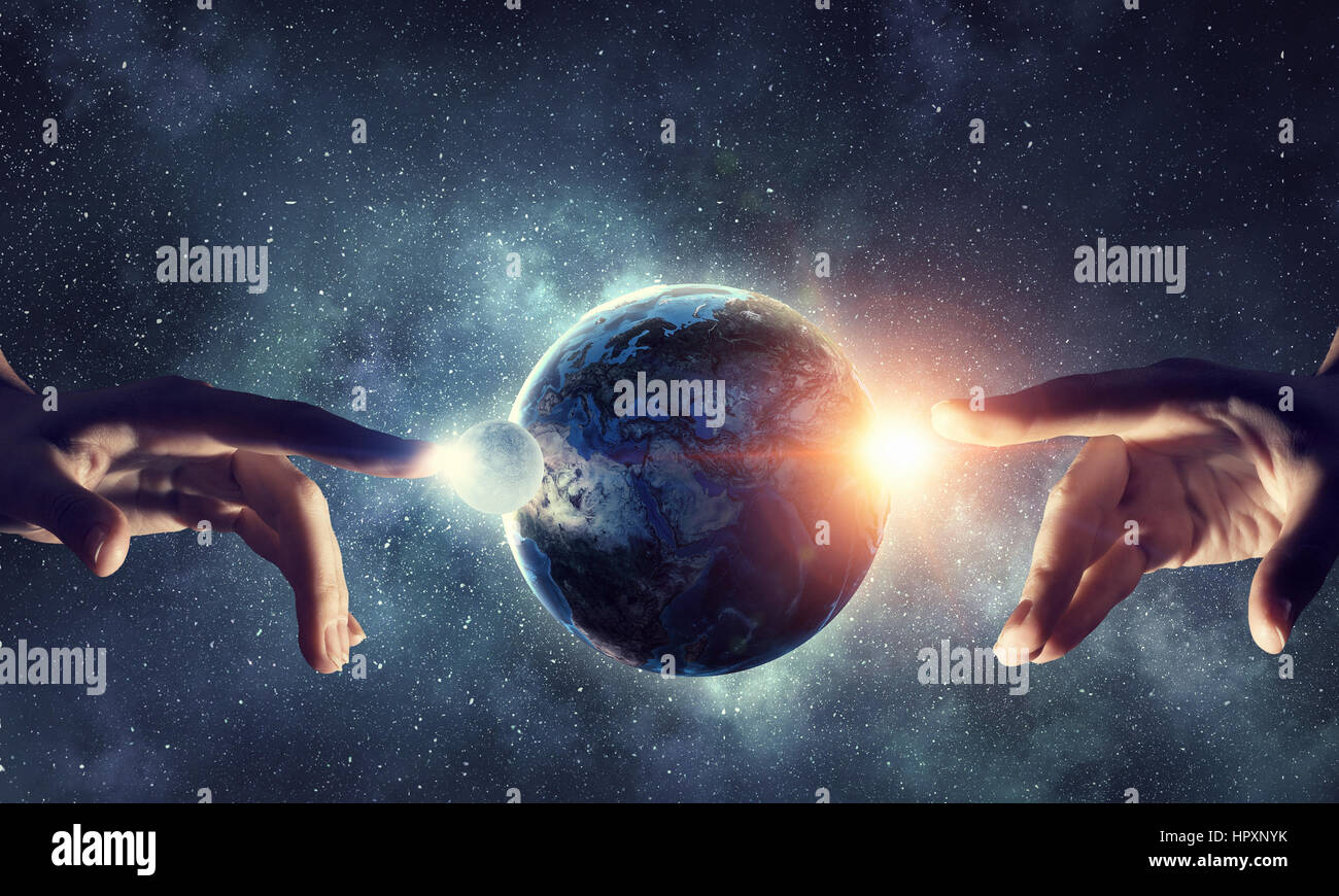 Close of human hand touching with finger Earth Elements of this