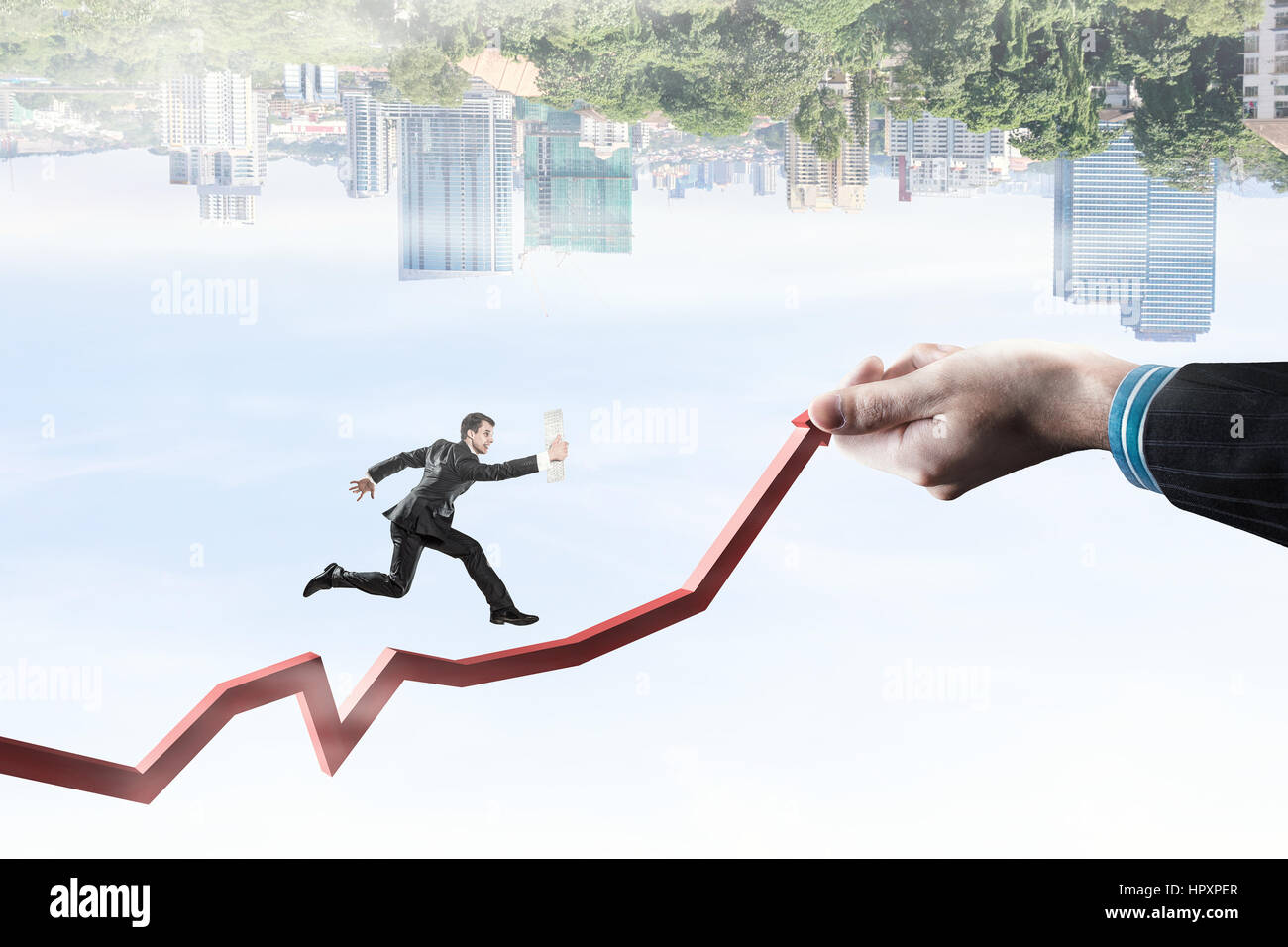Hand holding red growing arrow and businessman running up of it Stock ...