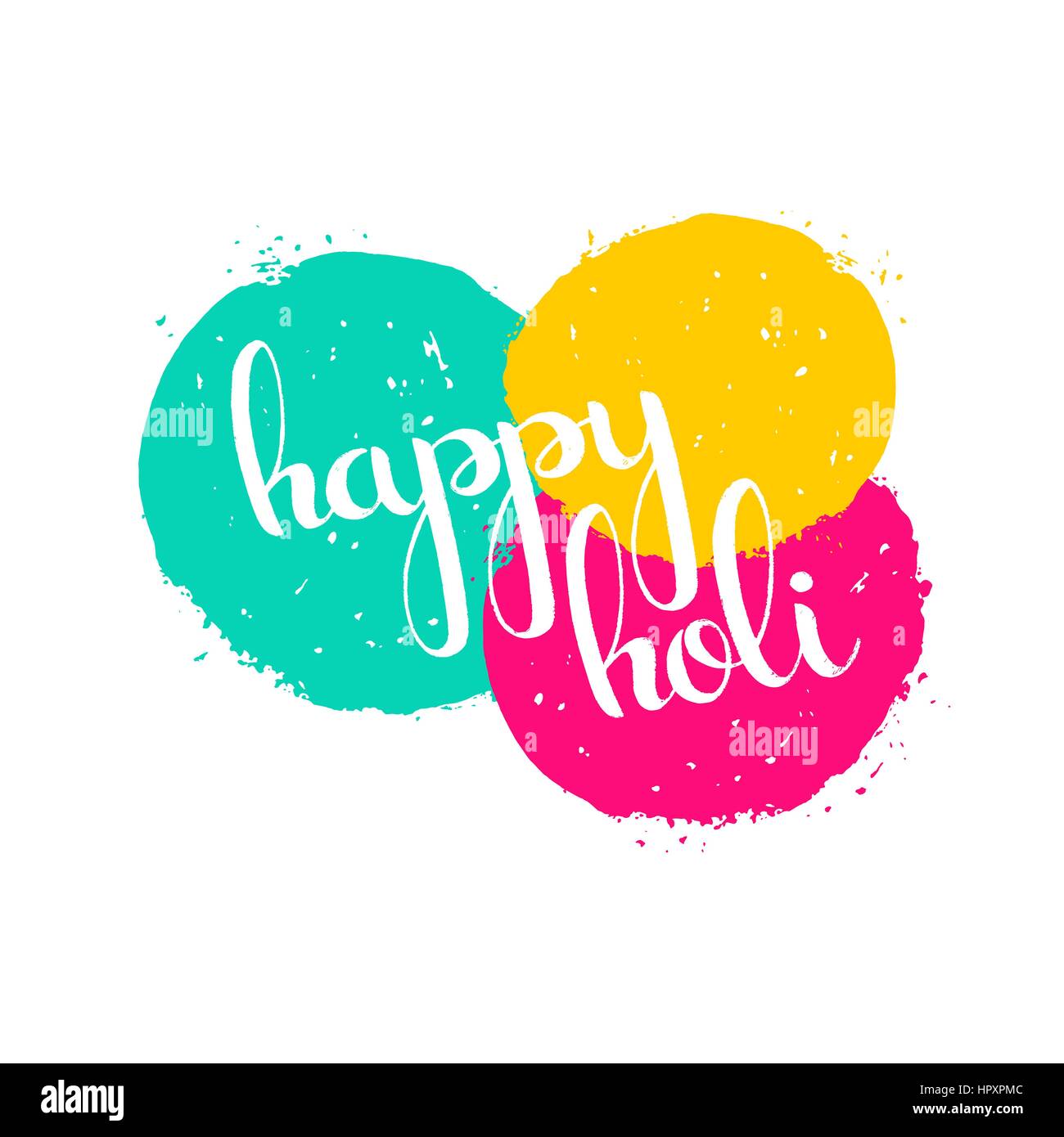 Happy Holi handwritten lettering with paint splashes. Spring festival of colors. Modern vector hand drawn calligraphy for your design Stock Vector